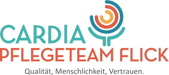 Cardia Pflegeteam Flick Logo. Slogan: Qualität, Menschlichkeit, Vertrauen